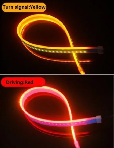 Flexible LED daytime running light strip showing a yellow turn signal and red driving light.