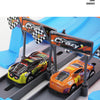 A DIY stunt racing car track set featuring two cars, one black and yellow, and one orange, on a gray track.