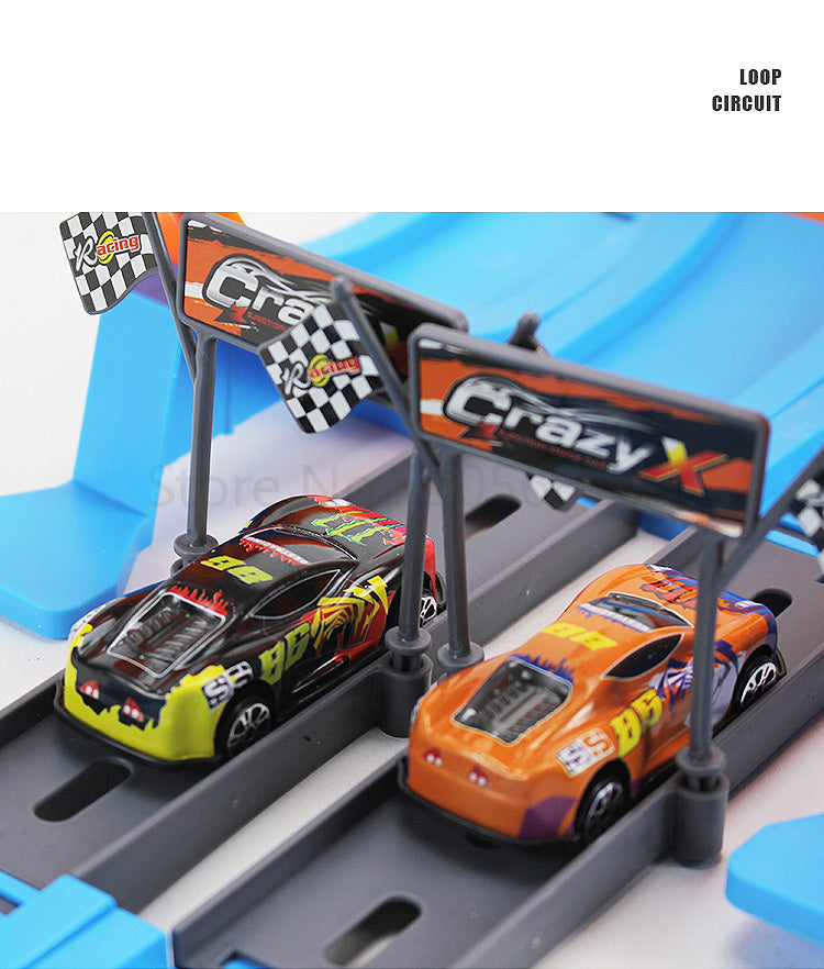 A DIY stunt racing car track set featuring two cars, one black and yellow, and one orange, on a gray track.