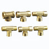 Three brass BSP tee pipe fittings for water, oil, and gas connections shown in various angles.