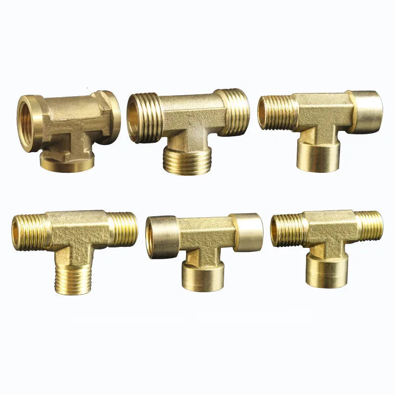 Three brass BSP tee pipe fittings for water, oil, and gas connections shown in various angles.
