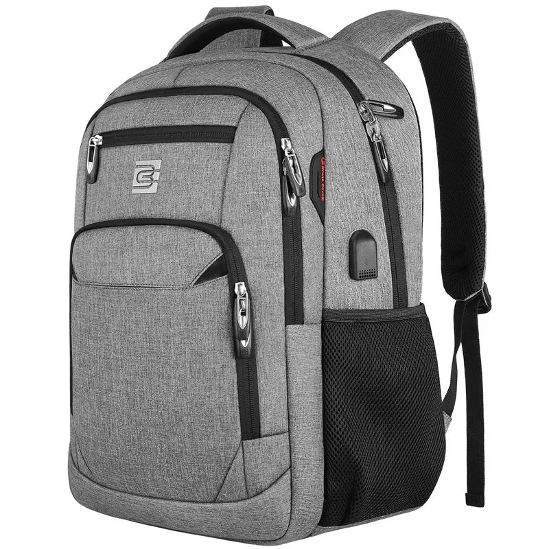 Grauer schlanker Laptop-Rucksack mit mehreren Fächern und USB-Ladeanschluss.