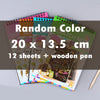 A stack of colorful random color scratch art paper sheets and a wooden pen.