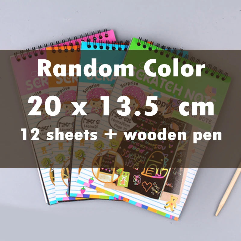 A stack of colorful random color scratch art paper sheets and a wooden pen.