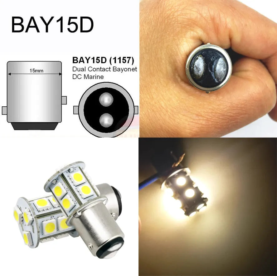 A close-up view of a BAY15D dual contact bayonet LED bulb and an SMD LED bulb.