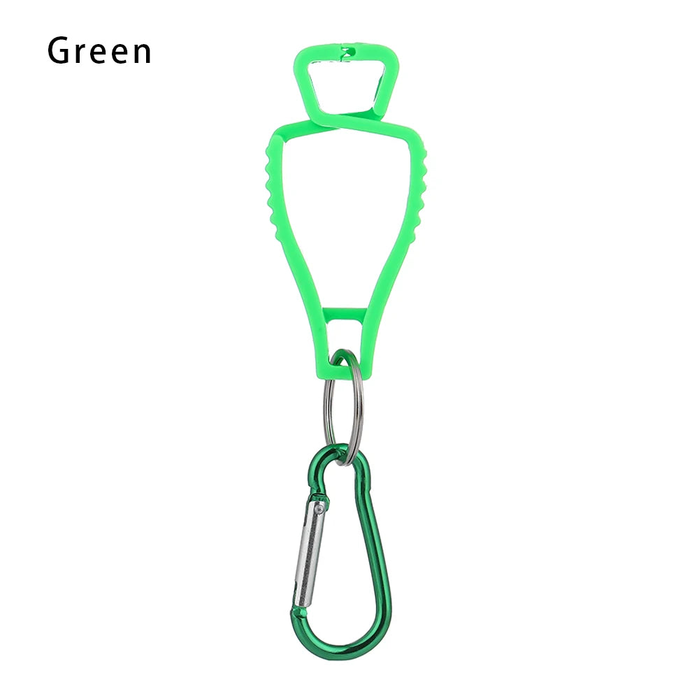 A bright green durable glove clip with an ergonomic loop and a metal clasp.