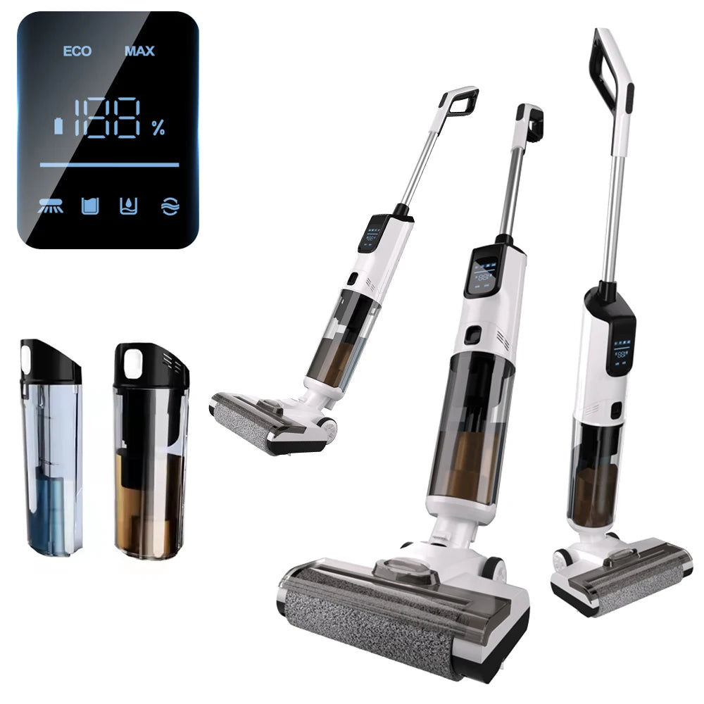 A set of cordless wet and dry floor cleaners with various attachments and a display showing cleaning modes.