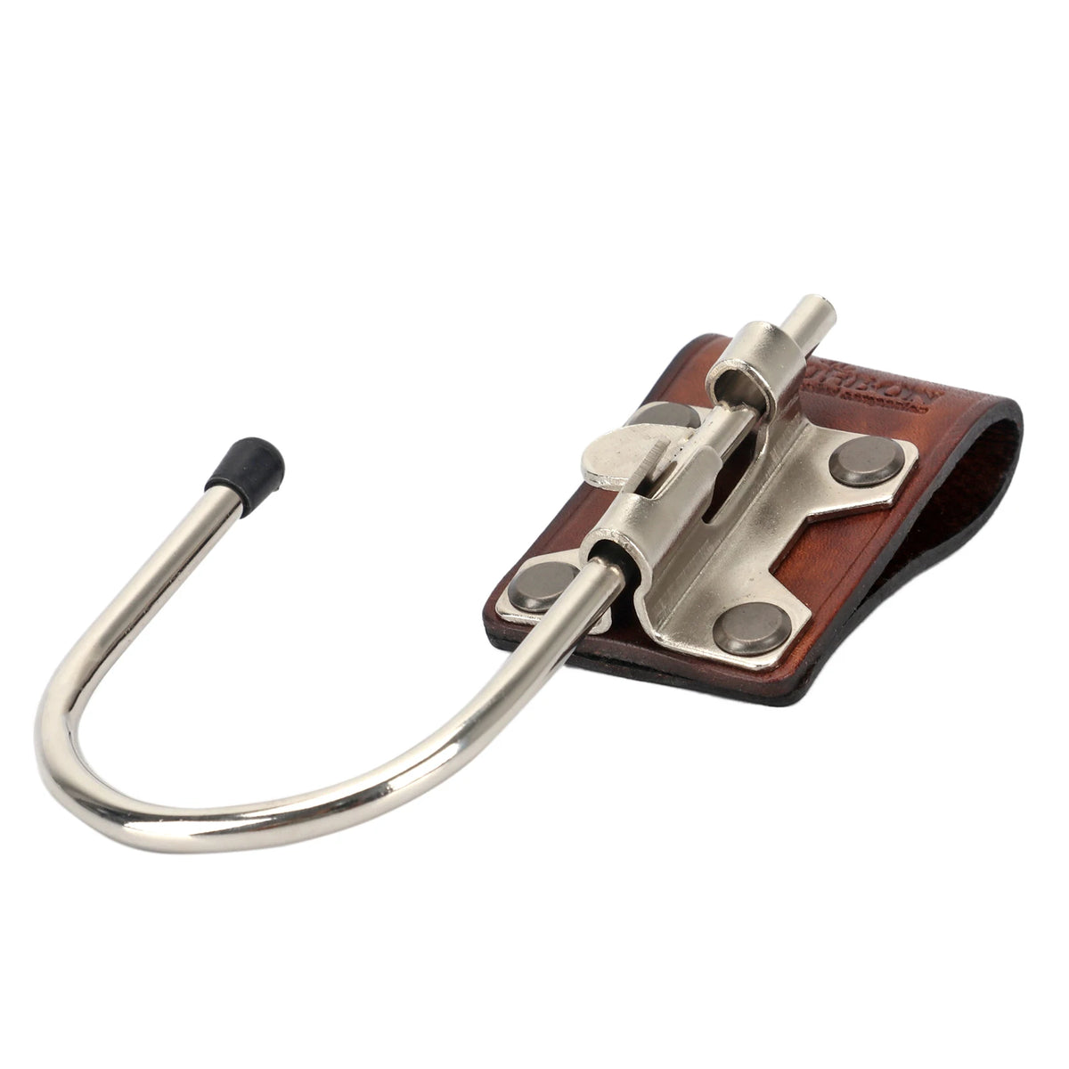 A genuine leather tool holster featuring a steel J-hook for securing tools.