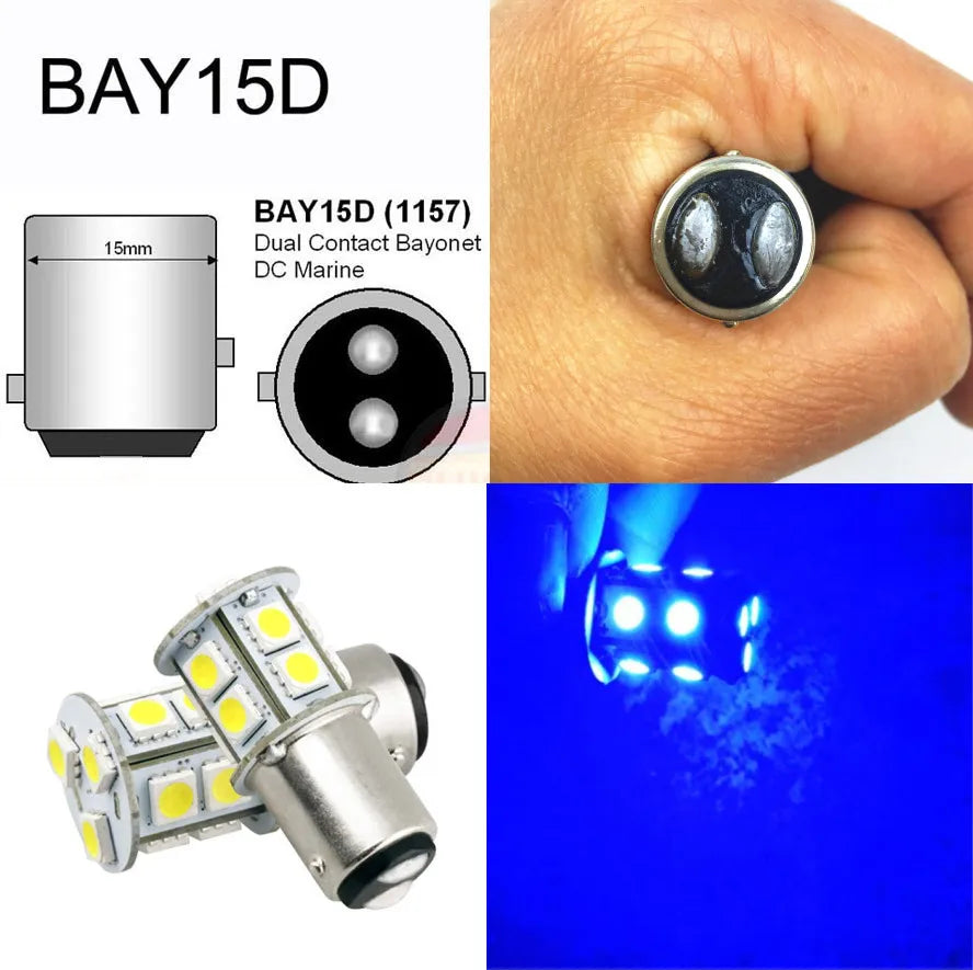 A close-up view of a BAY15D LED bulb and a similar light source being held by a finger.