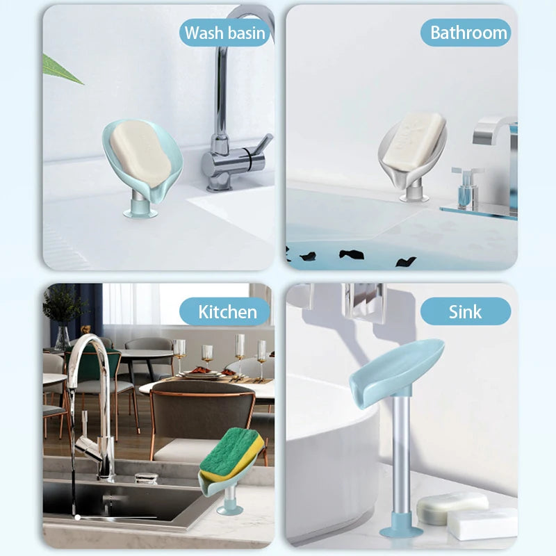 A collection of leaf-shaped suction cup soap dishes and related bathroom, kitchen, and sink accessories.