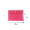 A pink glitter PVC card holder with a silver clasp and chain.