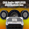 A clear plastic power distribution block for car audio amplifiers with four terminals and a fuse.