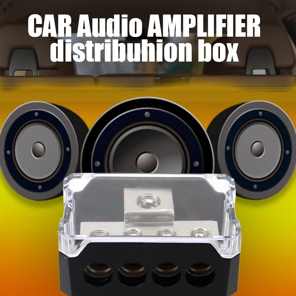 A clear plastic power distribution block for car audio amplifiers with four terminals and a fuse.