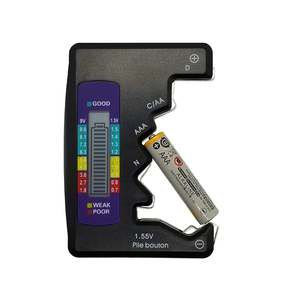 Universal Battery Tester with LCD Display for AA, AAA, 9V, and Button Cells