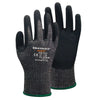 A pair of black cut-resistant work gloves with a textured grip and green cuff.