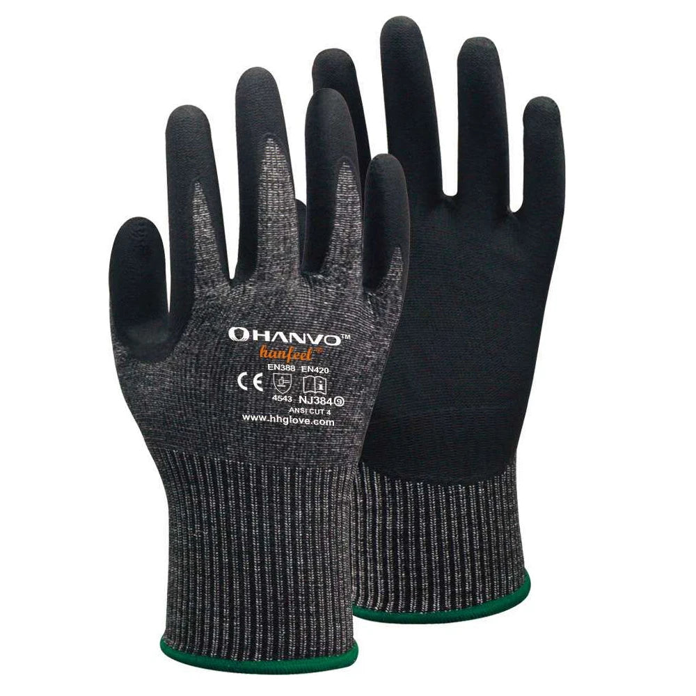 A pair of black cut-resistant work gloves with a textured grip and green cuff.