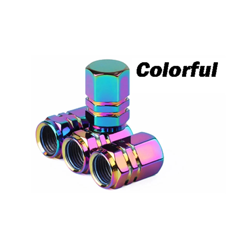 Colorful durable aluminum tire valve caps shown in various metallic iridescent colors.
