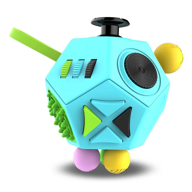 A light blue 12-sided fidget cube with green and black accents and a yellow ball.