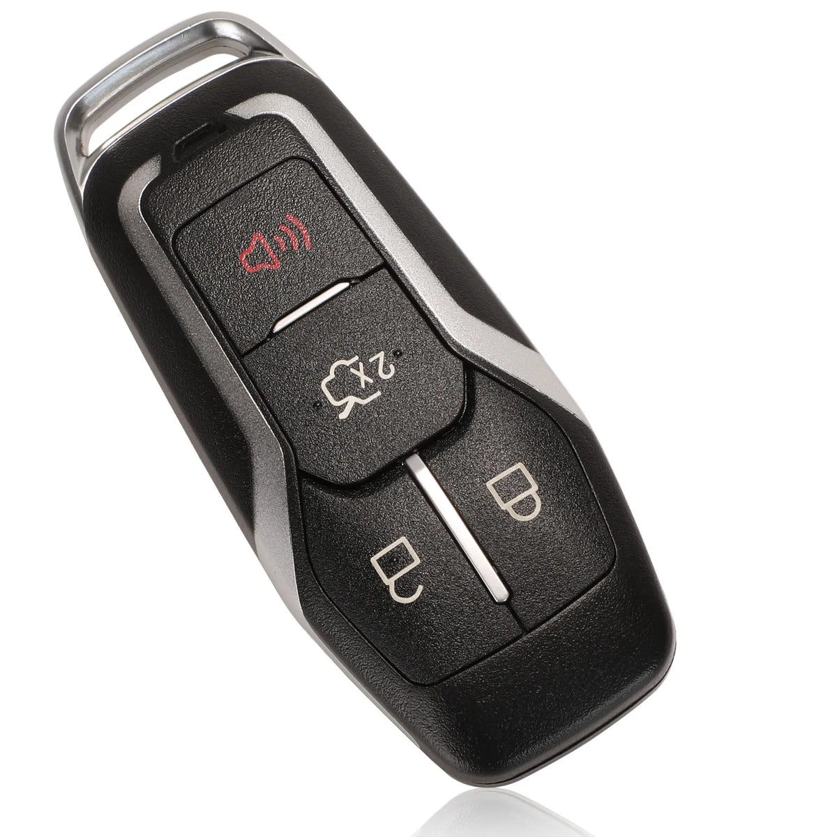 A black Ford smart key replacement shell with a silver blade and electronic components.
