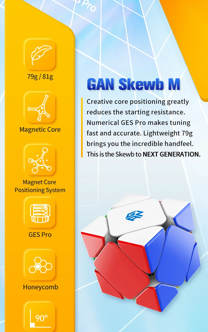 A close-up of the GAN Skewb M magnetic speed cube showing its components and features.