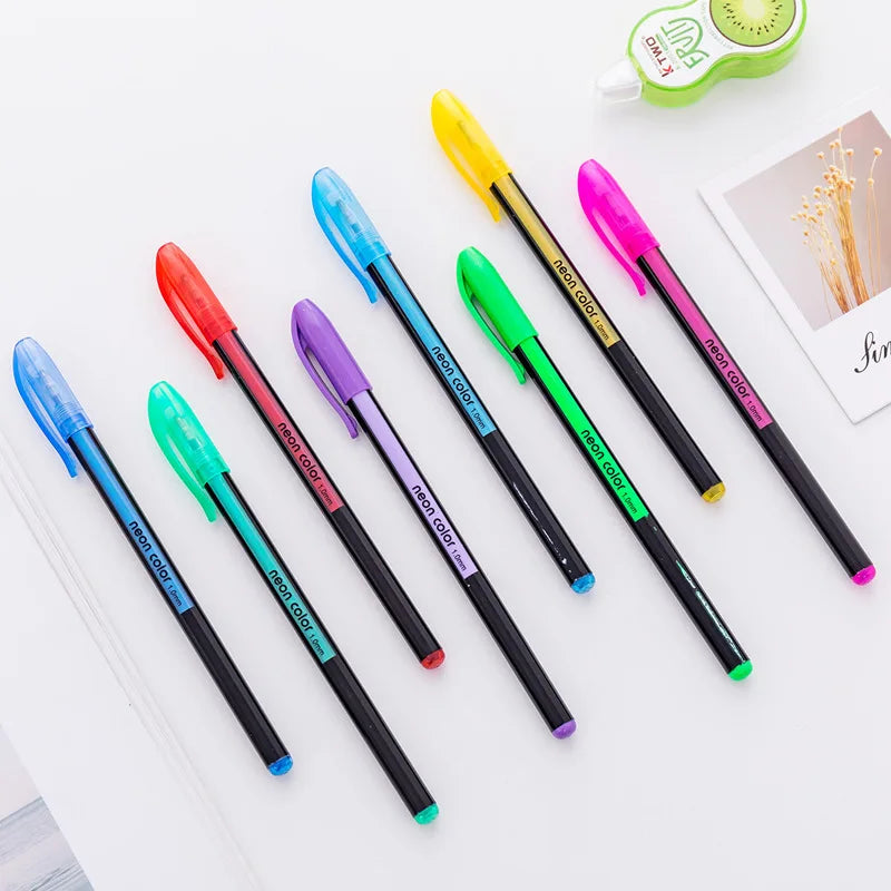 A collection of 24 gel pens in various colors including pastel, metallic, neon, and glitter shades arranged on a white surfac