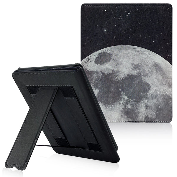 Schwarze Lederhülle für Kindle Paperwhite mit Auto-Sleep- und Wake-Funktion vor Mondhintergrund