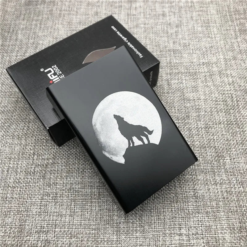 Ultra-Slim Aluminum Cigarette Case with Laser-Engraved Wolf Design