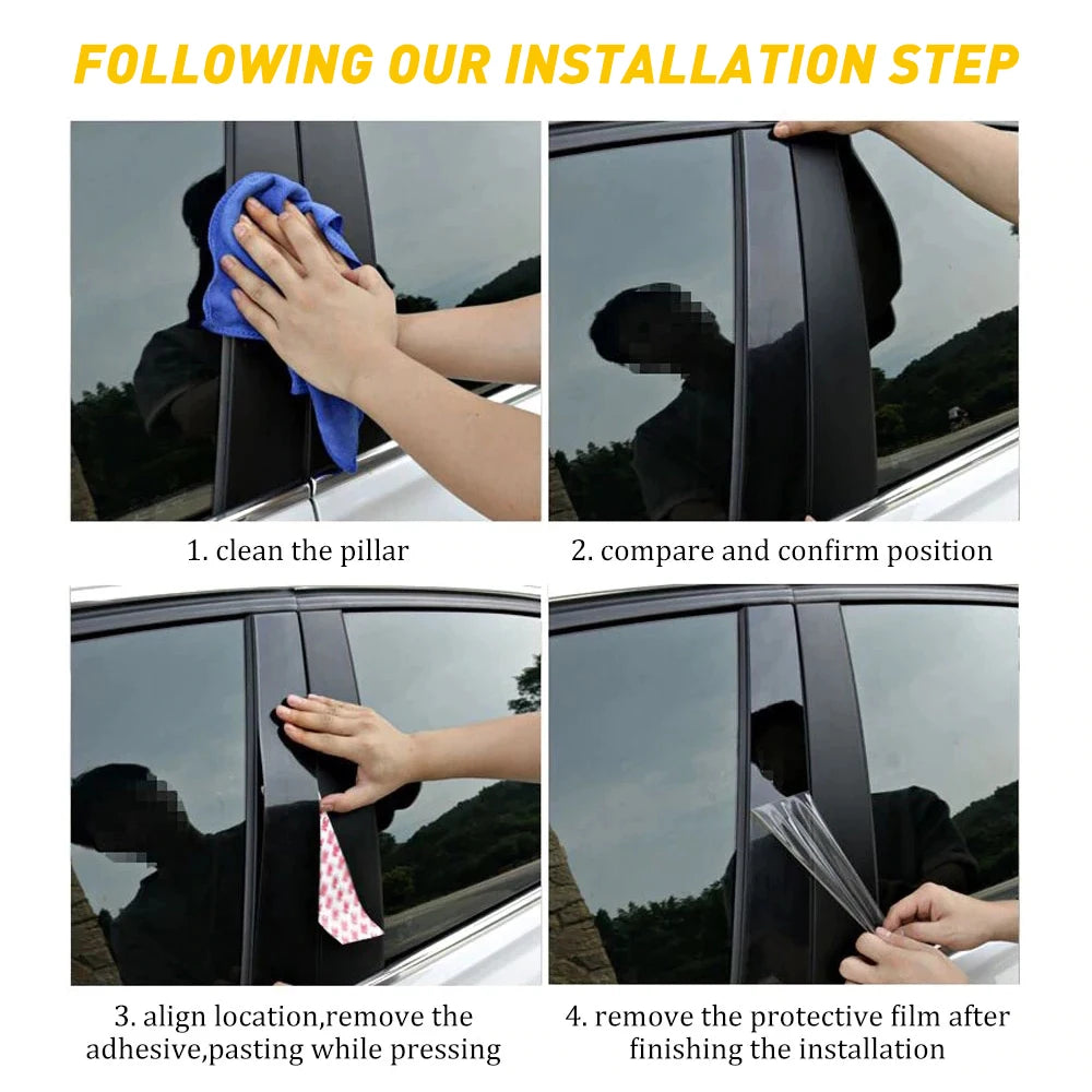 Installation steps showing how to clean, compare, align, and remove protective film from glossy black door pillar post covers