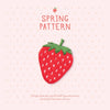 A pink background features a strawberry embroidery patch with green leaves and red seeds, titled Spring Pattern.