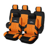 Two orange and black car seat covers for a vehicle, shown in a side view.