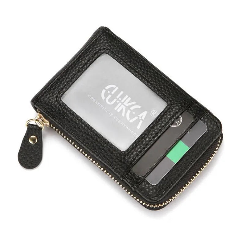 Black genuine leather RFID-blocking card holder wallet with a clear window.