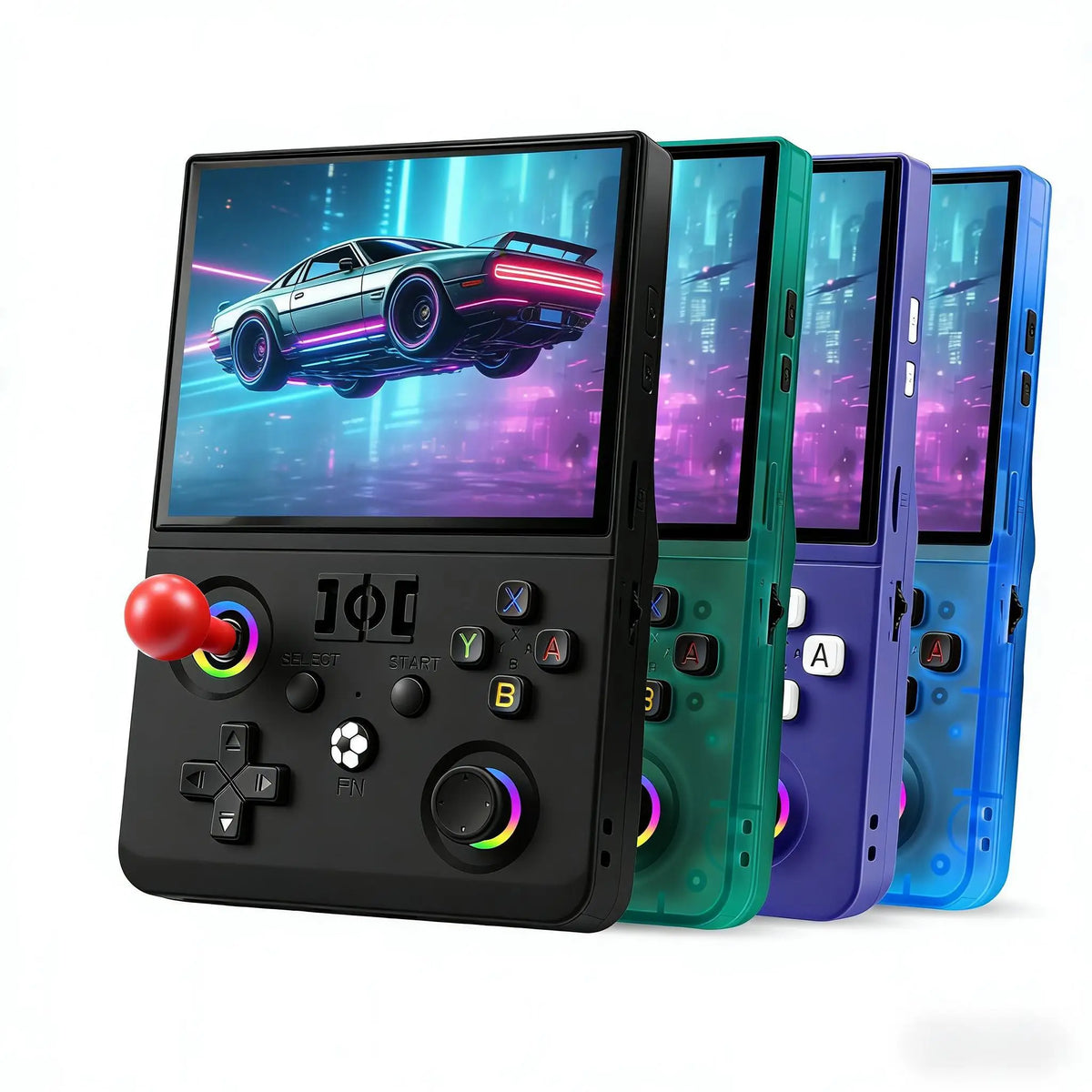 A set of five R36 Max 2 retro handheld game consoles in various colors displayed next to a futuristic car image.