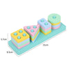 A set of three stacked wooden puzzles in pastel colors, showing different shapes and sizes for toddlers.