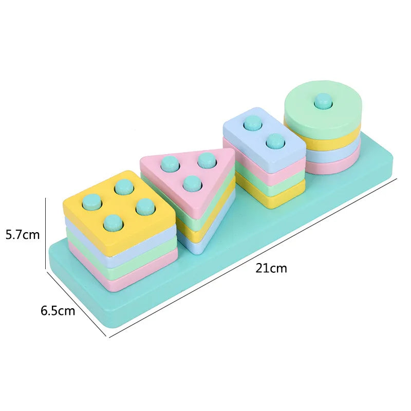 A set of three stacked wooden puzzles in pastel colors, showing different shapes and sizes for toddlers.