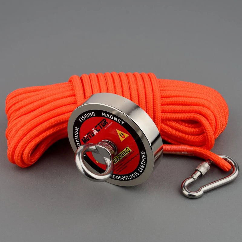Orange fishing line and gloves with a heavy-duty neodymium salvage magnet attached