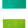 A teal cat litter mat with a textured surface featuring paw print designs.