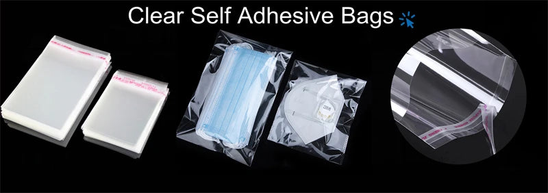 Clear self-adhesive bags for storage, showing various clear plastic bags and white adhesive pads.