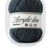 A ball of dark gray acrylic yarn labeled Acrylic line with 60 strands.