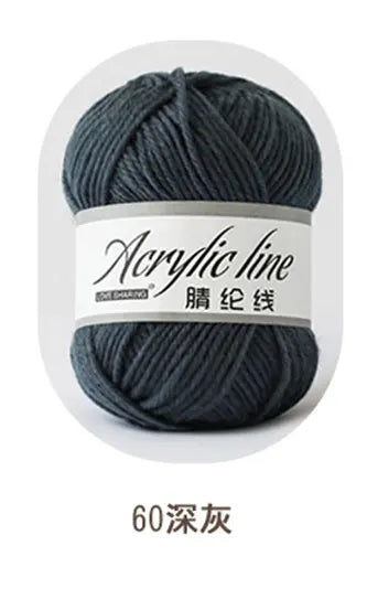 A ball of dark gray acrylic yarn labeled Acrylic line with 60 strands.