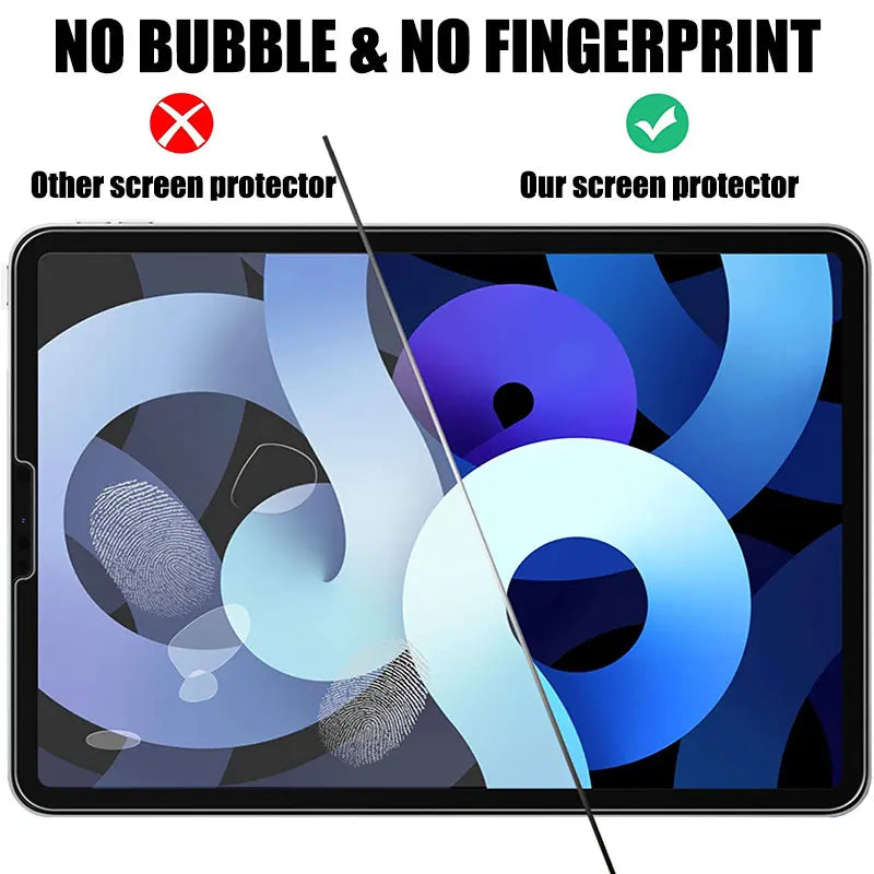 A close-up view of a tablet screen showing a clear glass protector applied, emphasizing its bubble-free and fingerprint-resis