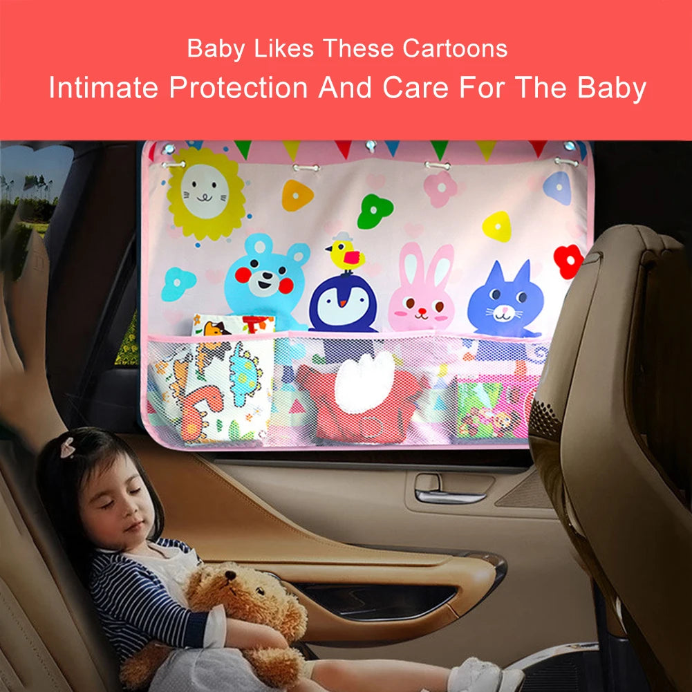 Cartoon Car Sunshade Curtain with Storage Pocket
