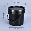 A black food-grade plastic bucket with a leakproof lid shown from the top and side.