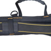 Black adjustable tool belt and suspenders with yellow stitching and lumbar support visible from the side.
