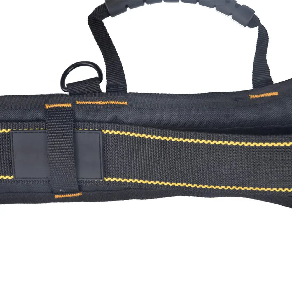 Black adjustable tool belt and suspenders with yellow stitching and lumbar support visible from the side.