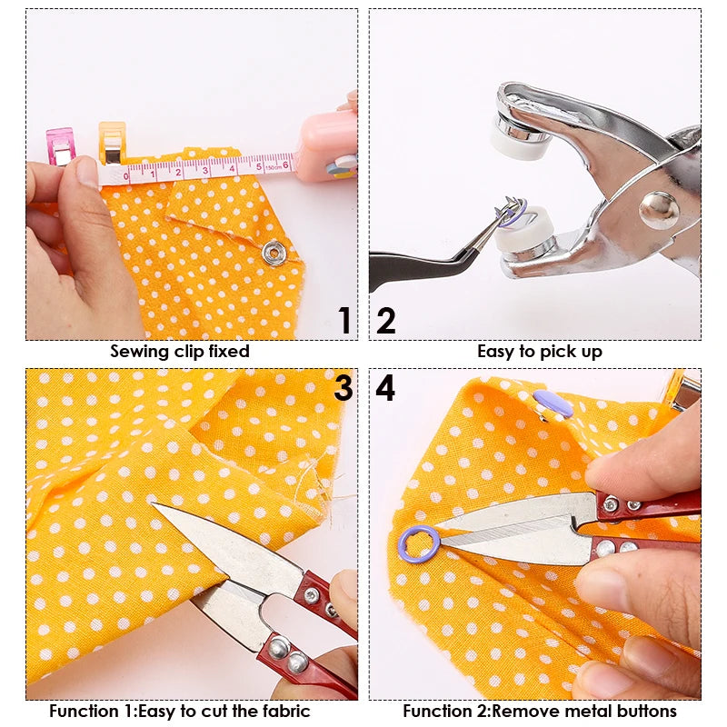 A set of tools for sewing and fabric work including a sewing clip, pliers, and scissors used to fix and remove metal buttons.
