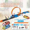 Metal racing ejection rail toy car set with orange and blue tracks and various vehicle pieces