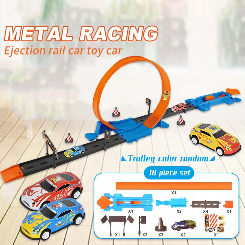 Metal racing ejection rail toy car set with orange and blue tracks and various vehicle pieces