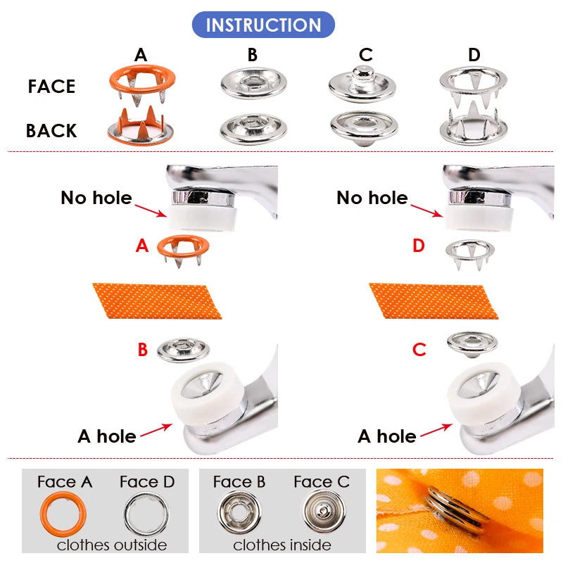 Instruction diagram showing how to use a metal snap fastener kit with pliers tool for clothing