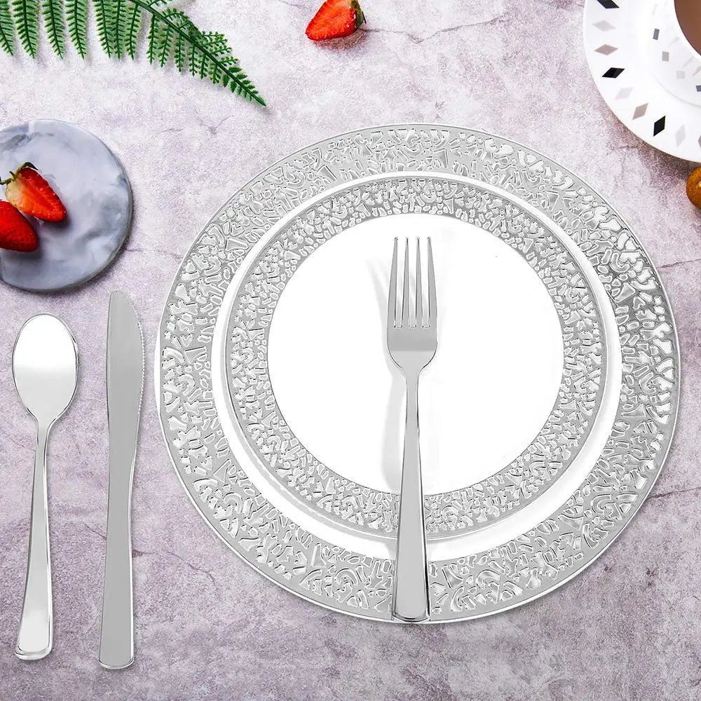 Elegant White Disposable Dinner Plates with Silver Lace Design