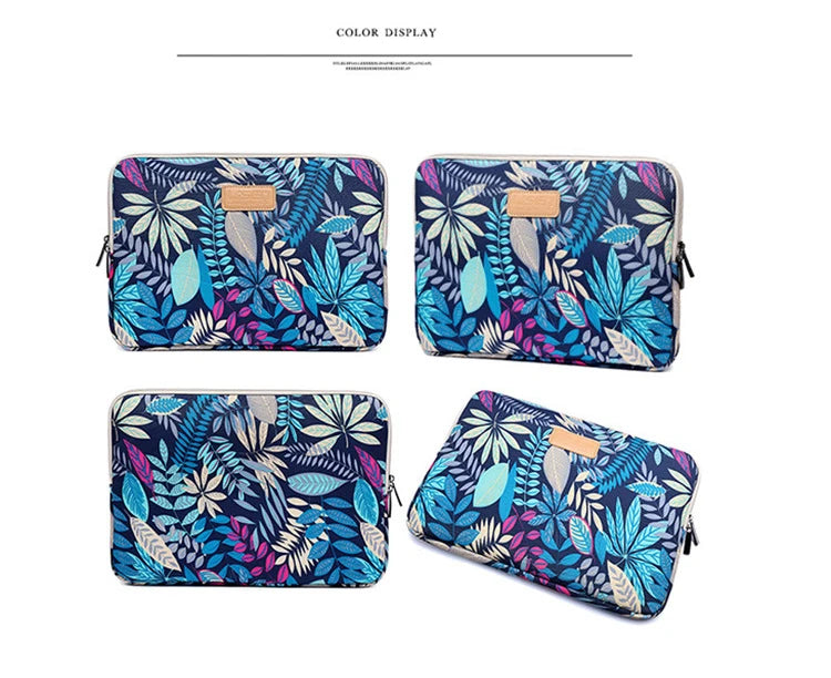 A set of four durable canvas laptop sleeves featuring a vibrant blue and purple tropical leaf pattern.